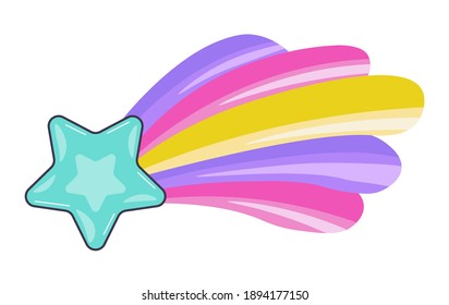 Magical shooting star with trace made of rainbow. Decorative celestial body, fairytale or magic. Dreaming at night, simple decor for girls nursery. Isolated icon, vector in flat style illustration