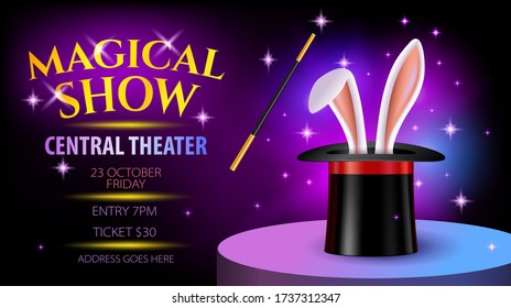 Magical show ticket, poster or flyer with bunny ears in hat. Illusionist performance invitation design with mockup. Vector illustration in flat style