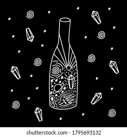 Magical silver bottle with stars, planet, diamond. Astronomy astrology occult elements isolated on black background, hand drawn illustration. 