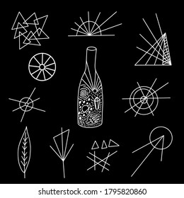 Magical silver bottle with stars, planet, diamond, triangles, wheel, ray of sun. Art deco set. Astronomy astrology occult elements isolated on black background, hand drawn illustration. 