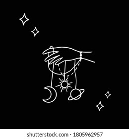 Magical silver composition hand with stars, sparkles, sun, planet, moon. Astronomy astrology occult elements isolated on black background. 