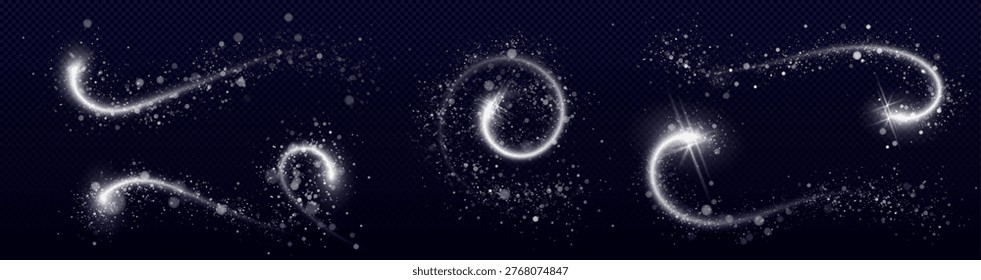 Magical silver glitter trail with sparkling dust particles and glowing star rays, vector swirl effect on dark transparent background. Festive wavy designs elements, shimmering powder