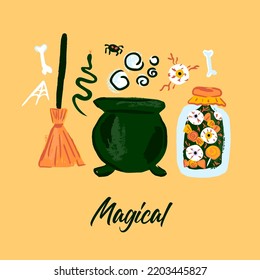 Magical Sketch Postcard. Vector Illustration of Mystery and Witch Greeting Cards.