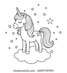 Magical Sleeping Unicorn on a Cloud Surrounded by Stars in a Whimsical Fantasy Sky Scene
