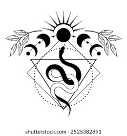 A magical snake. A mystical symbol with a snake and a moon. Phases of the moon. Tarot cards. Fortune telling and magic. The snake of the Eastern calendar. Vector illustration.