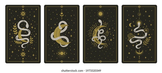 Magical snakes tarot cards. Occult hand drawn tarot cards, esoteric spiritual snakes wisdom symbol cards vector illustration set. Magic snake tarot cards. magic occult esoteric astrology