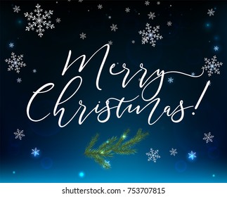 Magical snow background with Christmas lettering. Beautiful vector illustration in festive winter style. Useful element for creating postcards, seasonal posters, digital banners.