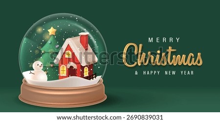 Magical snow globe featuring a cozy red house, snowman, Christmas tree, and festive snow-filled holiday scene. Merry Christmas Greeting Card Vector Illustration 