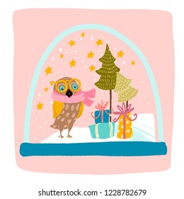 a magical snow globe inside is snowing, an owl in a yellow scarf and glasses, Christmas trees, gifts with bows and the stars Shine