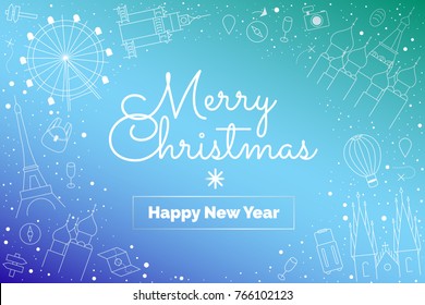 Magical soft blue Merry Christmas background,travel theme with simple icons of Europe monuments,popular tourist places and symbols.Snow and sparkle stars.Greetings or banner designs for happy new year