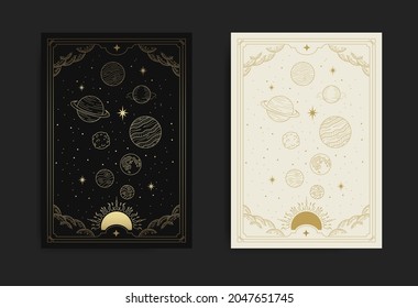 Magical solar system, sun planet and starry space in golden engraving, hand drawn, line art, luxury, celestial, esoteric, boho style