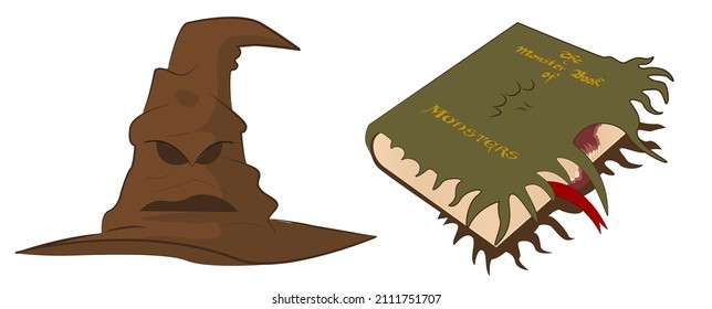 The Magical sorting hat and the Monster Book vector illustration isolated on the white background
