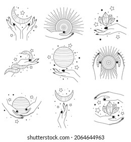 Magical space objects, planets, stars with female hands and faces vector illustration set. Collection of Mystical and Astrology objects. Mystical signs, silhouettes