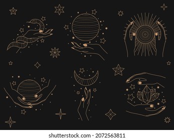 Magical space objects, planets, stars with female hands and faces vector illustration set. Collection of Mystical and Astrology objects.