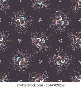 Magical Space Stars and Moon  Background Vector Seamless Pattern. Glowing Stardust Sprinkles Sky on Purple.  Cute Newborn Baby, Kids Magic Universe Theme Texture. All over Print Vector Tile EPS 10