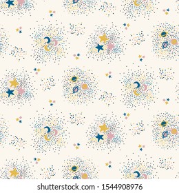 Magical Space Stars, Planet, Moon  Background Vector Seamless Pattern. Stardust Sprinkles Sky on Off White.  Cute Newborn Baby, Kids , Magic Universe Theme Texture. All over Print Vector Tile EPS 10