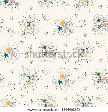 Magical Space Stars, Planet, Moon  Background Vector Seamless Pattern. Stardust Sprinkles Sky on Off White.  Cute Newborn Baby, Kids , Magic Universe Theme Texture. All over Print Vector Tile EPS 10