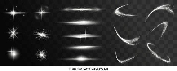  magical sparkle and starburst vector set with glowing light effects, flares, beams, and dust. Perfect for festive, holiday, or fantasy designs. Bright, radiant, and beautifully illustrated