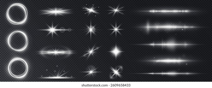 magical sparkle and starburst vector set with glowing light effects, flares, beams, and dust. Perfect for festive, holiday, or fantasy designs. Bright, radiant, and beautifully illustrated
