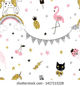 Magical sparkling creatures seamless pattern. Unicorn on rainbow with golden glitters. Shiny pink flamingo, ladybug, cherries. Cat face with bowknot. Wallpaper, wrapping paper, textile print