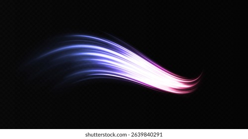 Magical sparkling trails of a shiny comet with glowing light effect. Luminous high-speed lines and wavy motion on transparent background.