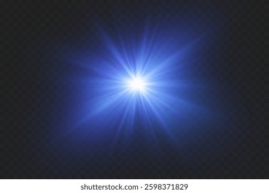 Magical special effect of flash, light star, explosion of rays and lens.
