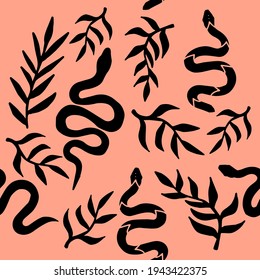 A magical spiritual boho-chick pattern with hand-painted snakes and palm leaves.