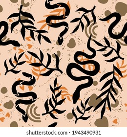 A magical spiritual boho-chick pattern with hand-painted snakes and palm leaves.