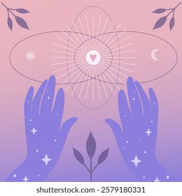 Magical spiritual card, poster. Celestial hands with stars and sacred symbols. Mystical gradient background with cosmic elements, moon, and sun. Meditation, energy healing, astrology, esoteric vector