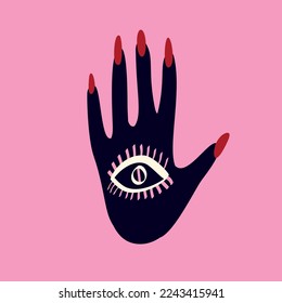 Magical Spiritualist mystical symbol of a hand with an eye. Ugly funky illustration