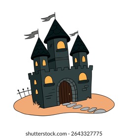 Magical spooky and scary dark haunted castle. Halloween creepy stone element collection. Line art hand drawn