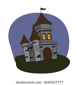 Magical spooky and scary dark haunted castle. Halloween creepy stone element collection. Line art hand drawn