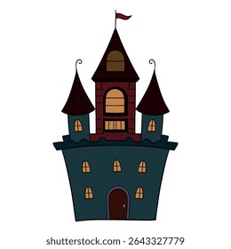 Magical spooky and scary dark haunted castle. Halloween creepy stone element collection. Line art hand drawn