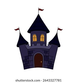 Magical spooky and scary dark haunted castle. Halloween creepy stone element collection. Line art hand drawn