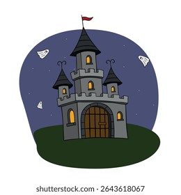 Magical spooky and scary dark haunted castle. Halloween creepy stone element collection. Line art hand drawn