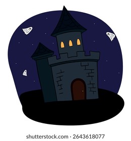 Magical spooky and scary dark haunted castle. Halloween creepy stone element collection. Line art hand drawn