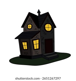 Magical spooky and scary dark haunted castle. Halloween creepy stone element collection. Line art hand drawn	