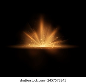 Magical starburst with golden neon glow. Vector illustration with luminous yellow glitter and transparent lighting effects on an isolated black background.