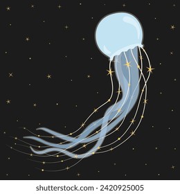 Magical starry jellyfish floating among stars, swimming in the space ocean. Sea fantasy creature with glowing stars on its tentacles, flat vector illustration.