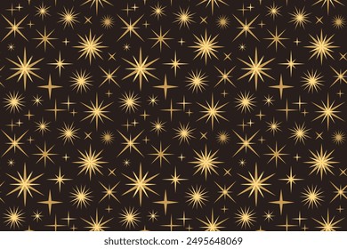 Magical starry night sky background. Seamless pattern with gold star design elements. Vector background for decoration in a modern style.