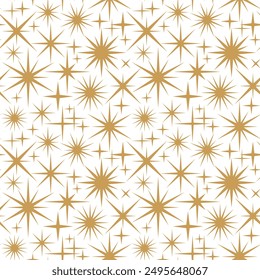 Magical starry seamless pattern with gold star design elements on white background. Vector background for decoration in a flat modern style.