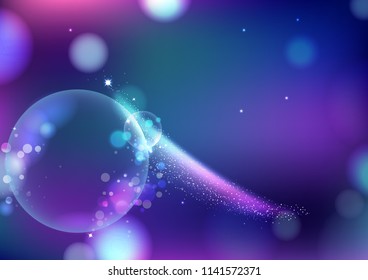 Magical stars fantasy blurry bubbles air blinking Bokeh abstract background, comets sparkle traveling violet galaxy and space greeting card festival celebration party event vector illustration