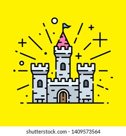 Magical stone castle line icon. Fantasy medieval palace fortress building graphic on yellow background. Vector illustration.