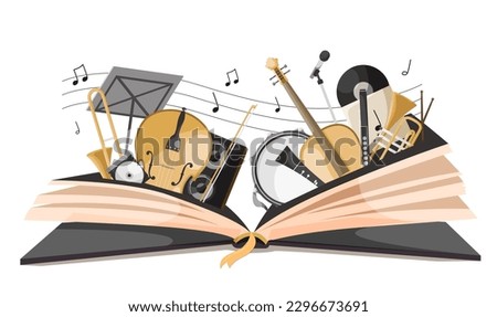 Magical story book with musical fairy tale. Opened book with different classical music instruments. Fantasy storybook or textbook adout jazz orchestra. Music fest poster or banner. Vector illustration Stock photo © 