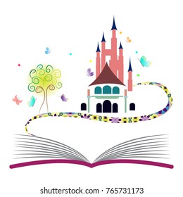 Magical storybook, castle, tree, star and butterflies. Vector illustration isolated on white background. Children's bedtime stories, reading, imagination, fiction, fairy-tale.