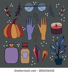 Magical stuff vector flat illustration. Doodle mystic vintage collection of witchcraft cartoon elements, magic shop for witches concept, wizard symbols set. Hand drawn fairytale isolated on dark back.