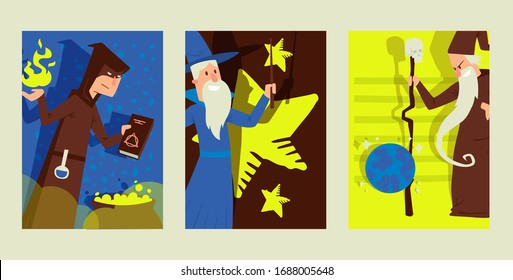 Magical stuff, wizard male character, old sorcery, magic cauldron, flat vector illustration. Neophyte magic training, different mage with staff, miracle design banner. Man read and casts spell.