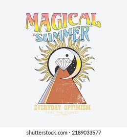 Magical summer, everyday optimism, Mystic Vibe slogan print with sun and yin yang symbol illustration for t-shirt prints, posters and other uses.Cosmic Love slogan with mystical illustration