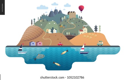 Magical summer landscape - green island with hills, roads, cars, castle, houses and trees, with mountains, balloon and clouds above and waving sea and striped houses on the coast.