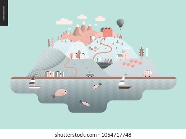 Magical summer landscape - green island with hills, roads, cars, castle, houses and trees, with mountains, balloon and clouds above and waving sea and striped houses on the coast.